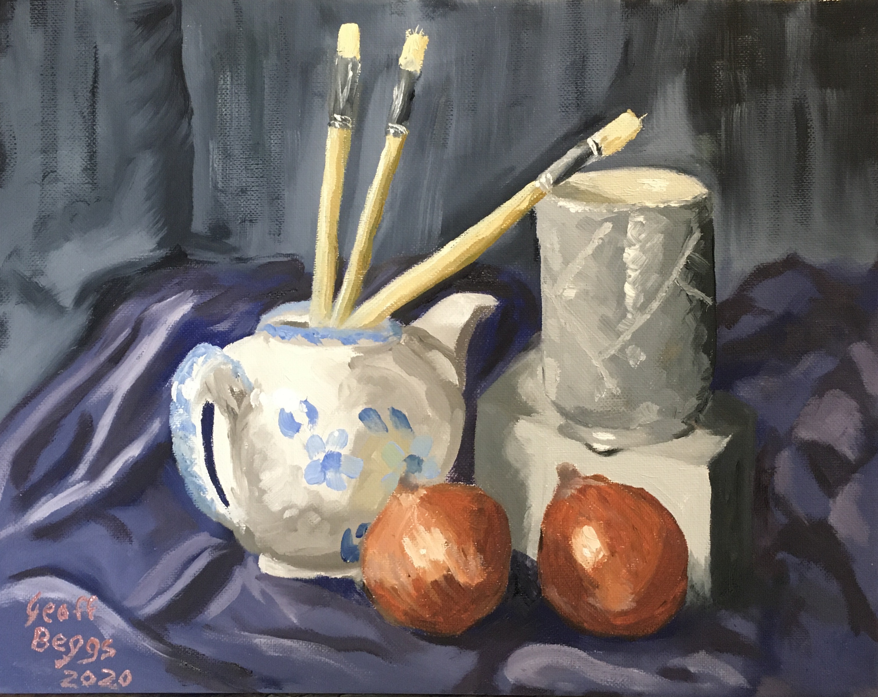 Artist: Geoff Beggs. Subject: Still life of pots, onions and paintbrushes