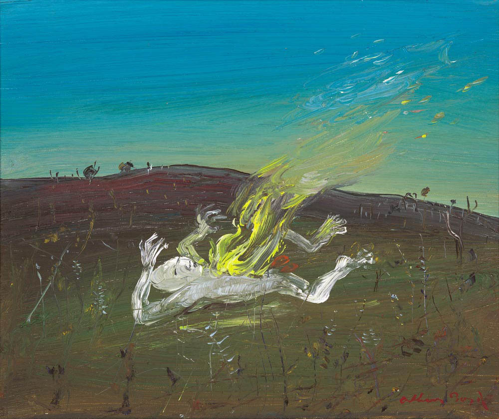 Painting: a figure on fire falls to the earth