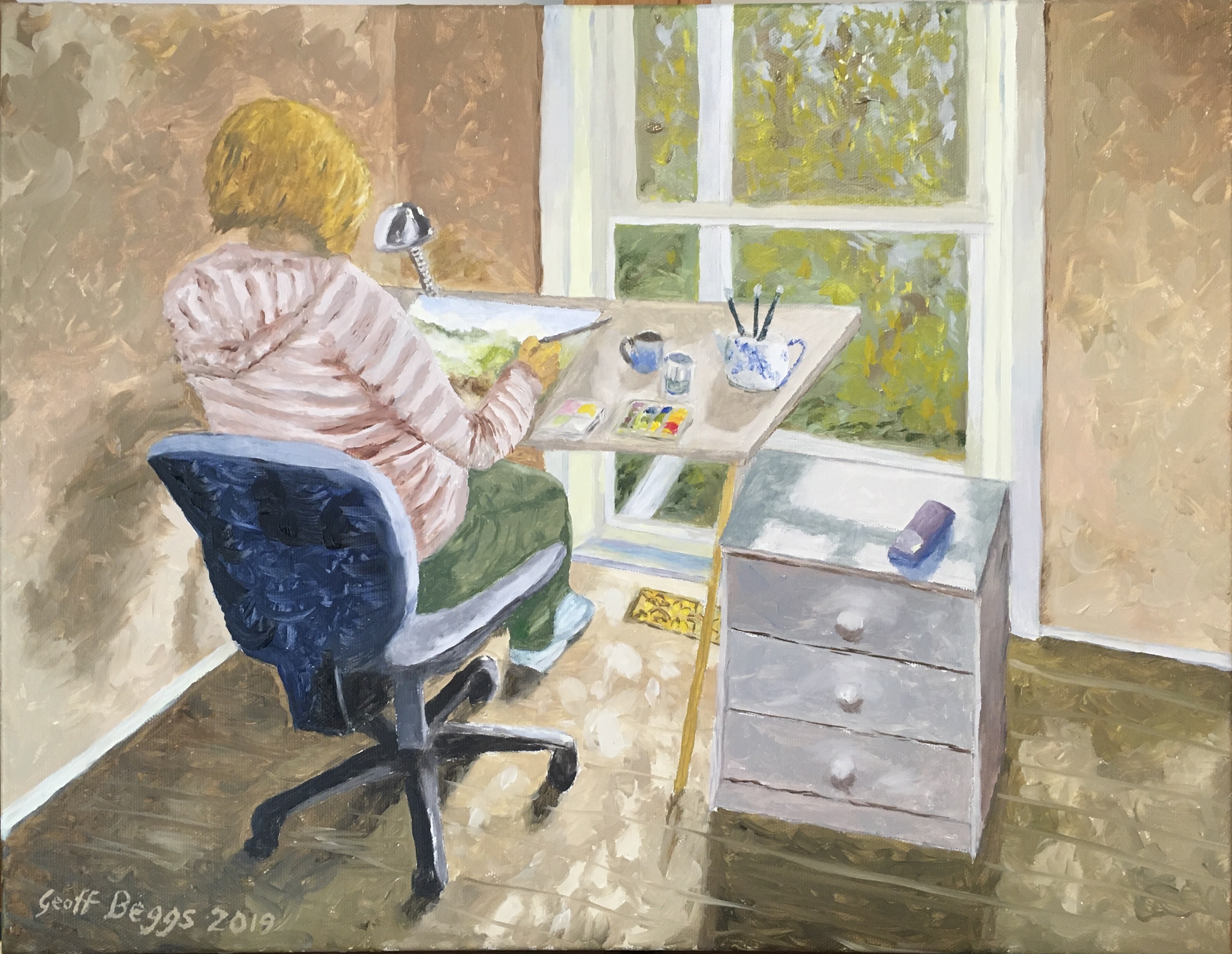 Painting of a lady sitting before a window painting