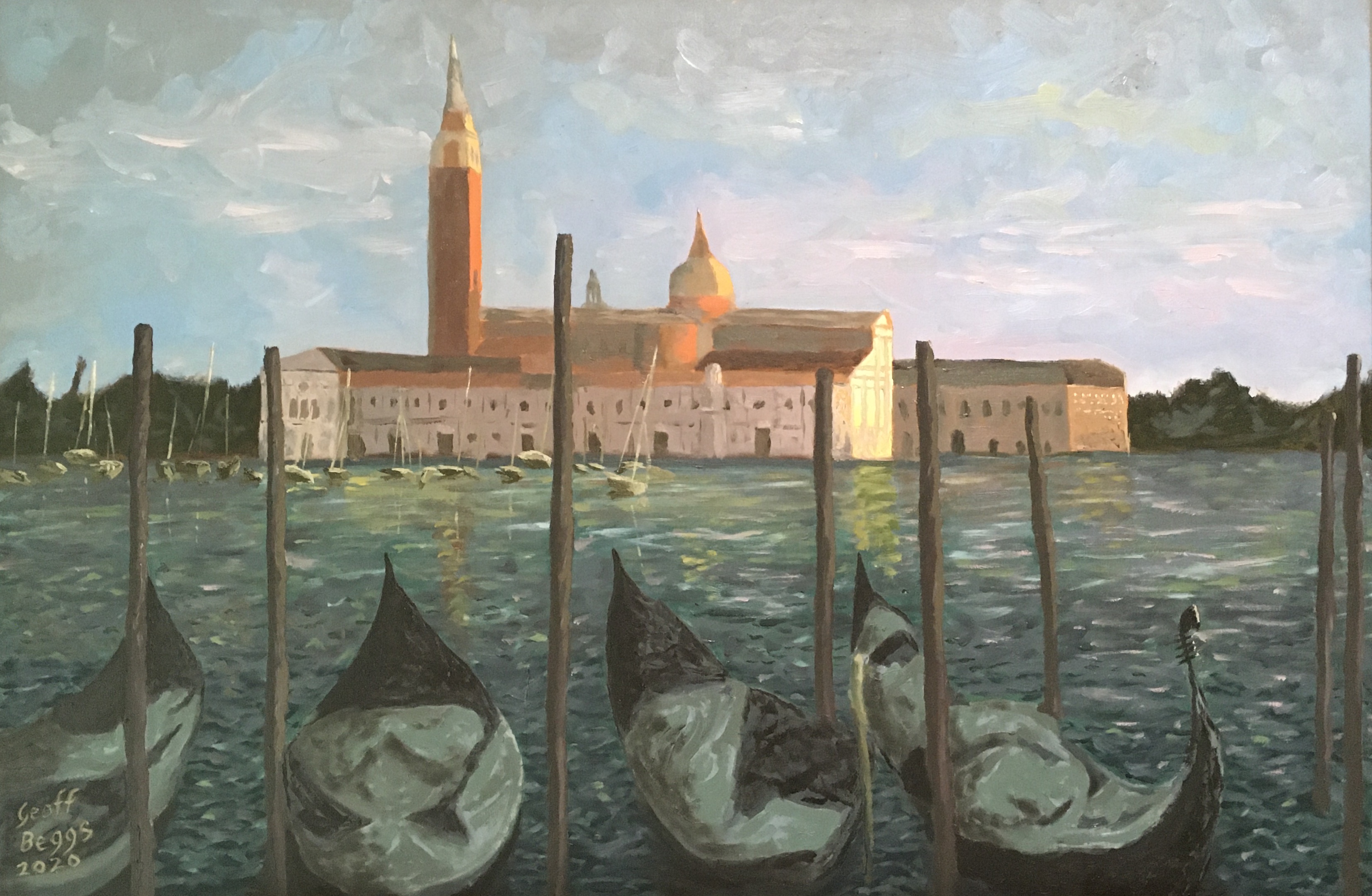 Painting of boats on water in a Venice evening