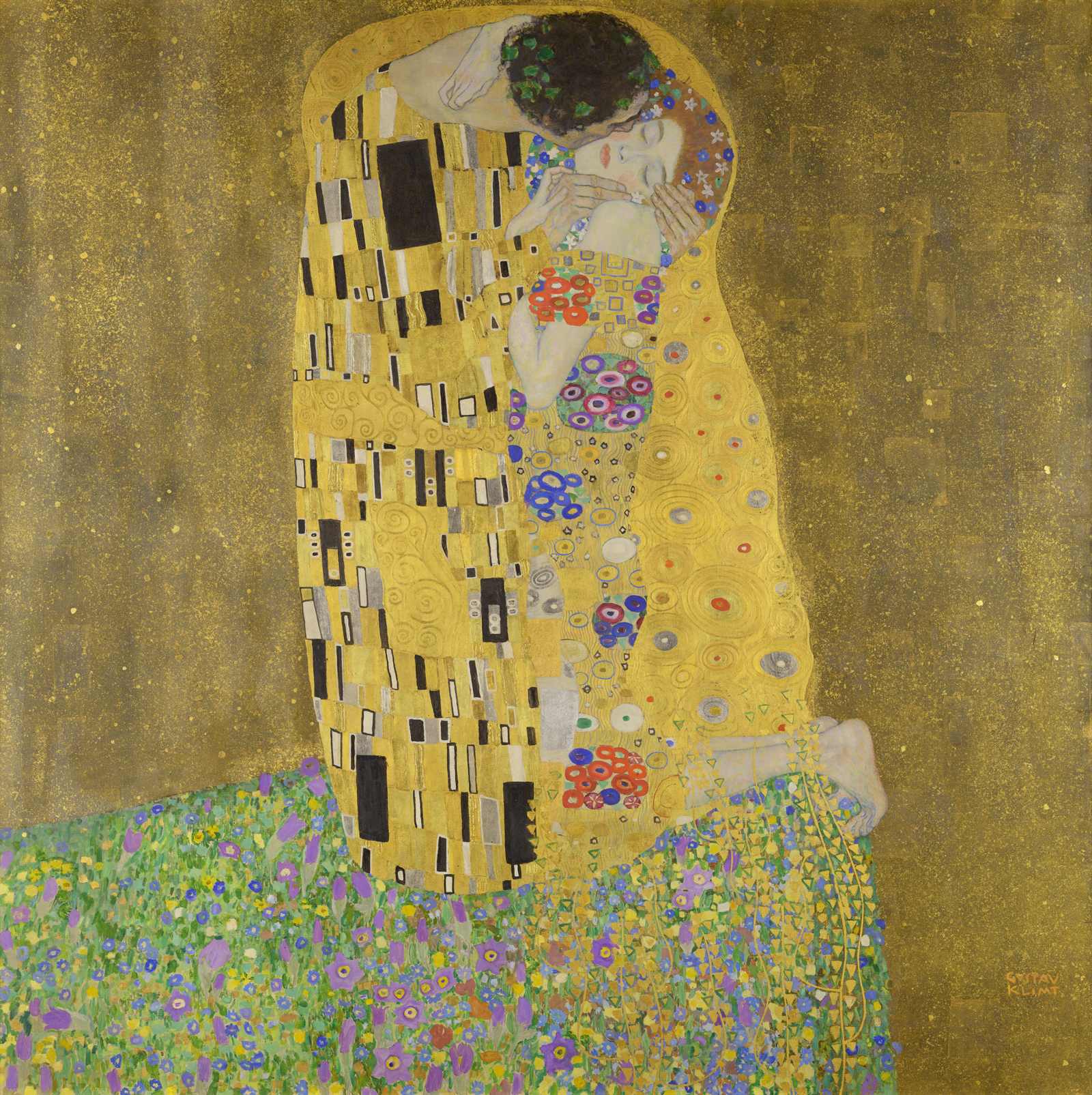 a painting of a man and a woman kissing in a garden surrounded by gold leaf